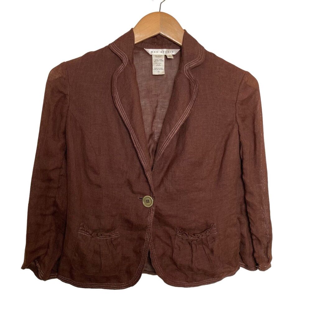 Max Studio Brown Linen Blazer Pockets Jacket Size 4 Lightweight